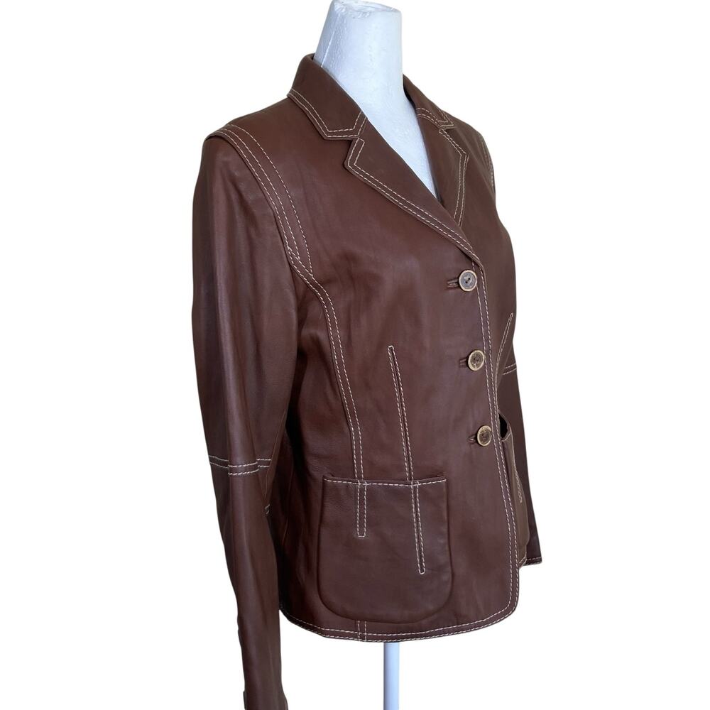 Cabi Vintage Y2K Chocolate Brown Leather Jacket Blazer Retro 70s Button-front - Picture 5 of 16